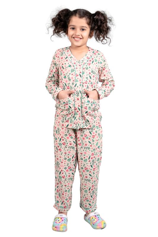 Tweeny Mini Kids Girls Pure Rayon Night Suit | Sleepwear| Night Wear | Nightdress | Top Shirt & Pyjama Combo Set Floral Printed 