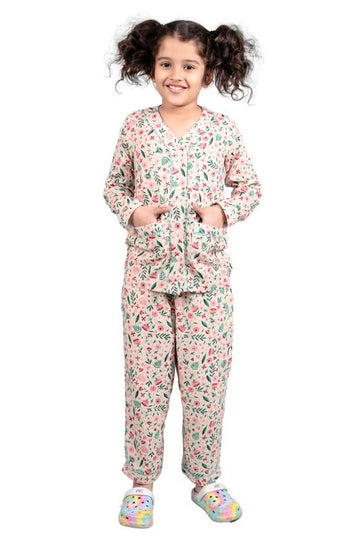 Tweeny Mini Kids Girls Pure Rayon Night Suit | Sleepwear| Night Wear | Nightdress | Top Shirt & Pyjama Combo Set Floral Printed 