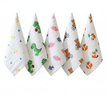 TESSIL Baby Muslin Cloth Set, 100% Cotton, Soft Absorbent, Reusable, for Feeding, Burping, Bath and Face Cleaning, Printed, for 