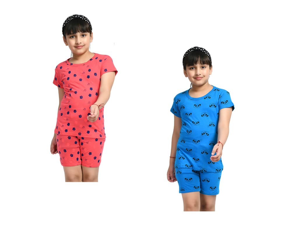 IndiWeaves Girls Cotton Printed Night Suits Tshirts and Shorts Set Summer (Pack of 2) Caret::Blue