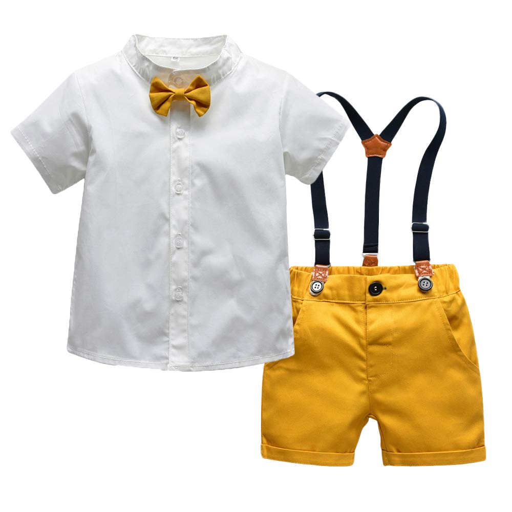 Xirubaby Baby Boys Short Sleeve Gentleman Bowtie Overalls Outfit Suits Set(80/12-18M, Yellow)
