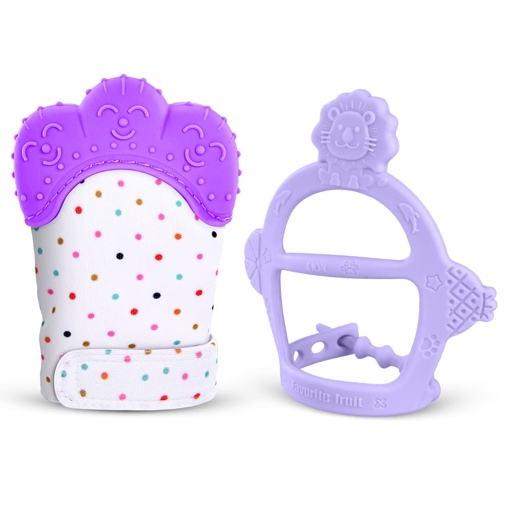 Vicloon Silicone Teething Mitt, 2Pcs Teething Mitten with Adjustable Strap, Crinkle Sound and Textured, Self Soothing Baby Chew 