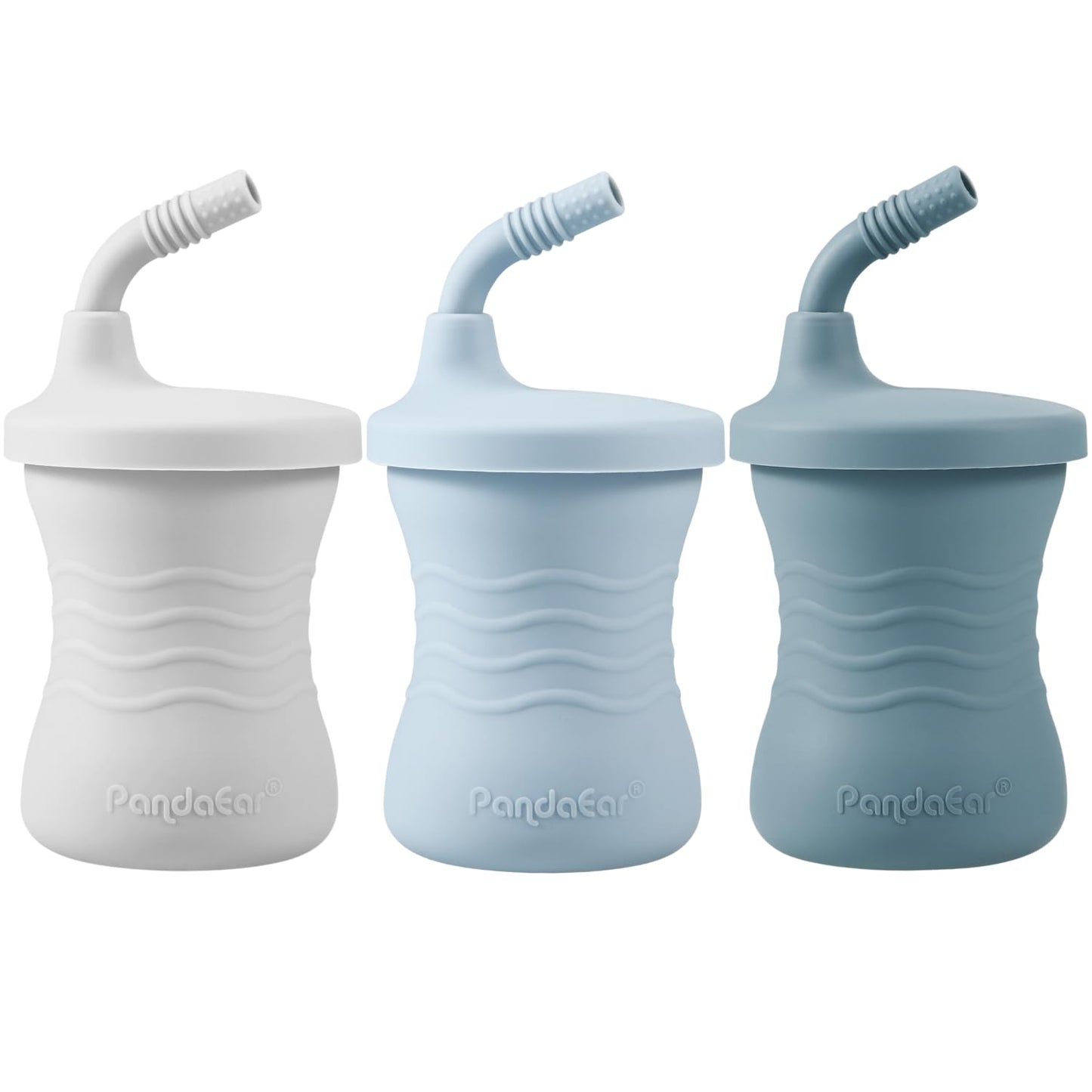 Pandaear Silicone Training Cup, 3 Pack Baby Drinking Sippy Cups With Straw For Baby And Toddler 6 Months+ (Dark Blue/Light Blue/