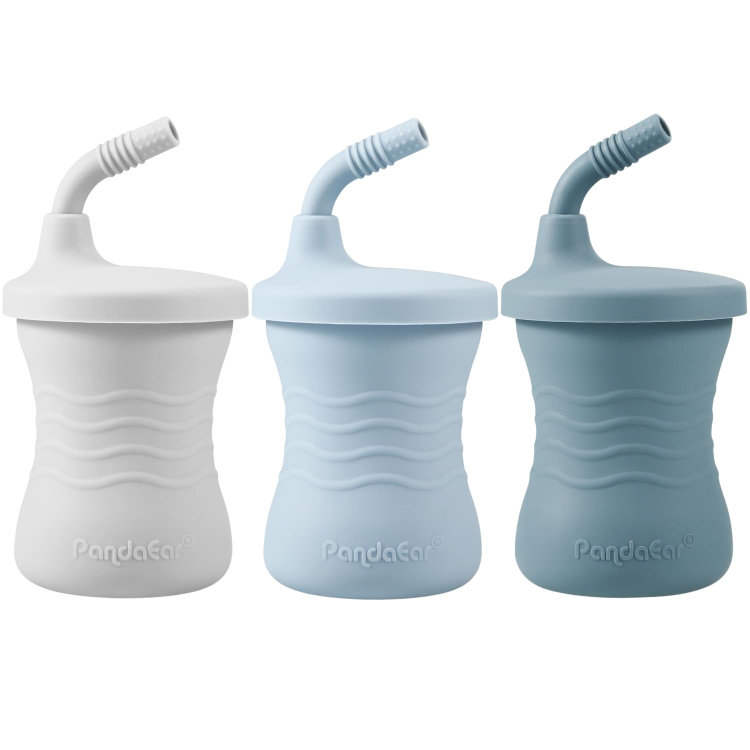 Pandaear Silicone Training Cup, 3 Pack Baby Drinking Sippy Cups With Straw For Baby And Toddler 6 Months+ (Dark Blue/Light Blue/