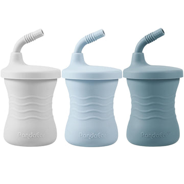 Pandaear Silicone Training Cup, 3 Pack Baby Drinking Sippy Cups With Straw For Baby And Toddler 6 Months+ (Dark Blue/Light Blue/