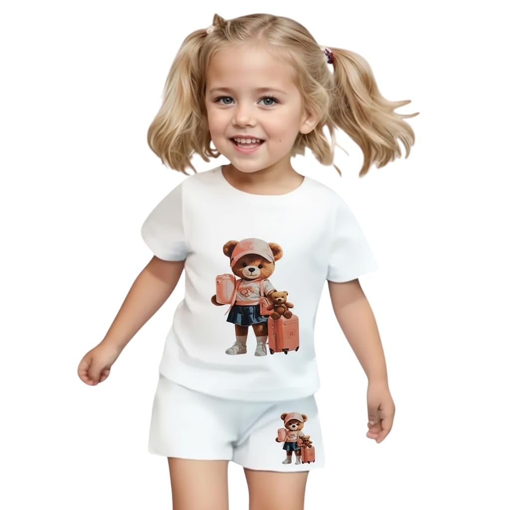 Fommy Pure Cotton TShirt Shorts Set For Baby Girl & Toddlers (White) | Cute Teddy Bear Cartoon Print Summer Girls Outfit | Ultr