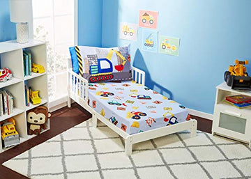Everyday Kids Toddler Fitted Sheet And Pillowcase Set -Under Construction- Soft Breathable Microfiber Toddler Sheet Set