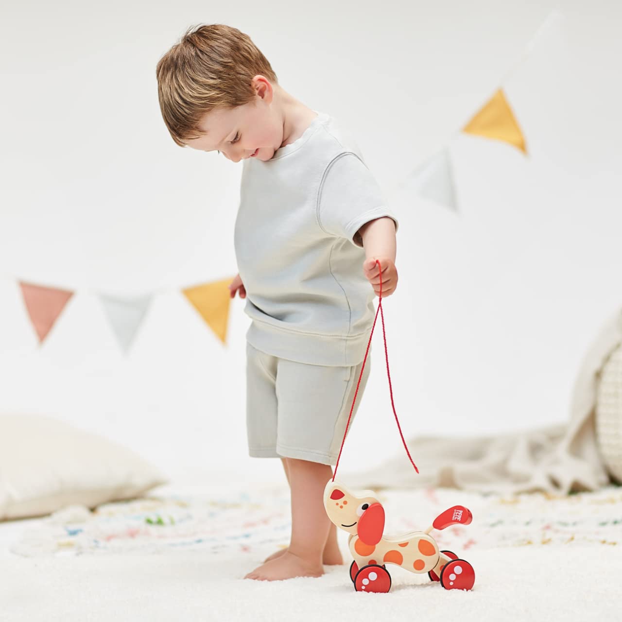 Walk-A-Long Puppy Wooden Pull Toy by Hape  Award Winning Push Pull Toy Puppy For Toddlers Can Sit, Stand and Roll. Rubber Rimmed