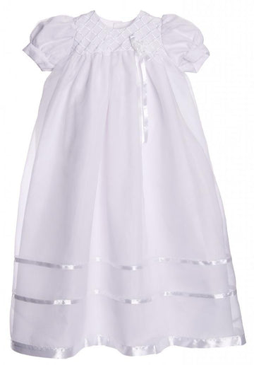 Long White Embroidered Organza Christening Baptism Gown With Bonnet - L (9-12 Month)