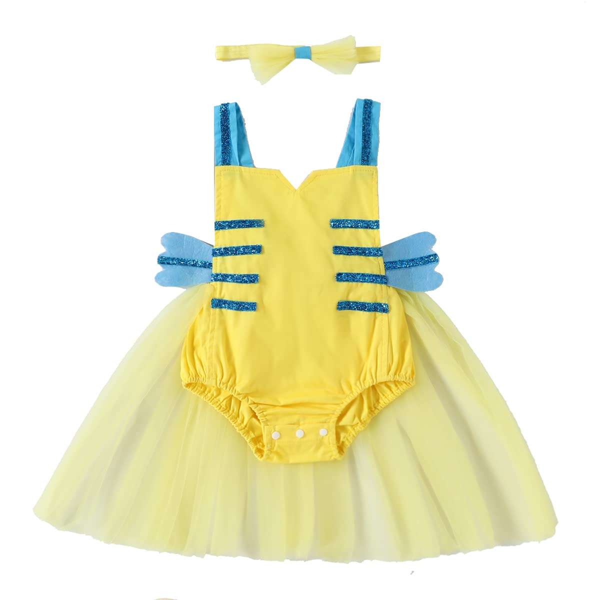 AWIBMK Baby Girls Flounder Costume Toddler Yellow Shiny Sequin Tulle Tutu Romper Dress with Headband Mermaid Themed Halloween Co