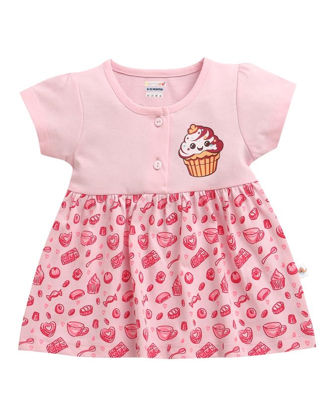 Bumzee Baby Girls Cotton Round Neck Half Sleeves Graphic Print Above Knee Length Frock/Dress Pink  1218 Months (Peb11185DPnk)