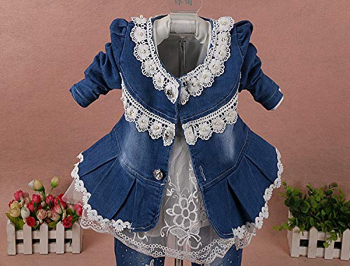Yao 6M-4Y Infant 3Pcs Baby Girls Clothes Set Toddler Outfits Lace Dress Jacket And Jeans (1-2Y,Flower-White)