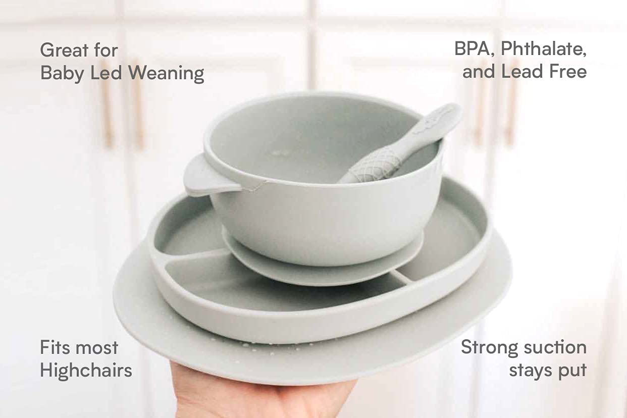 Ullabelle Suction Toddler Plates & Bowls Complete Set W/Spoon- Bpa Free 100% Food Grade Silicone- Microwave & Dishwasher Safe Ba