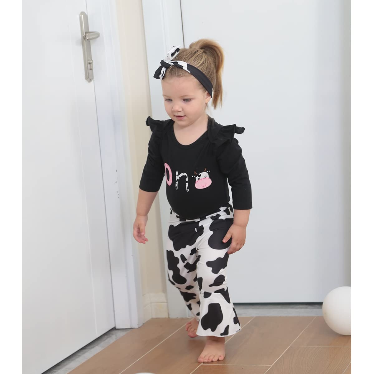 Detigee 1St Birthday Outfit For Girls Cow Birthday Outfit Infant First Birthday Clothes (Black,12-18 Months) (A1019A)