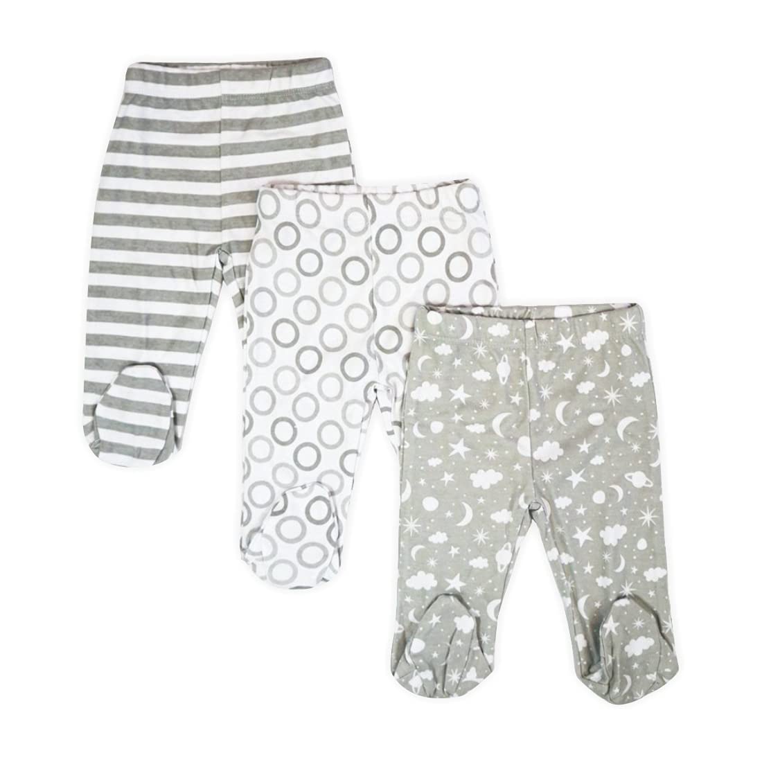 Spasilk Baby Cotton Pull On Footed Pants, 3 Pack Casual Leggings With Feet, Gray Celestial