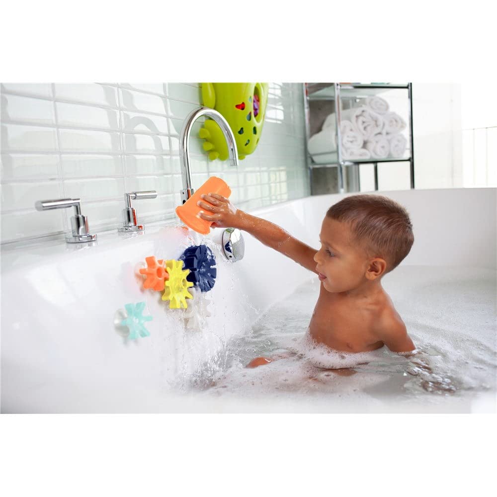 Boon Cogs Baby Bath Toys - Spinning Gear Themed Sensory Baby Toys for Bathtub - Suction Toys for Bathtub Walls - Navy and Yellow