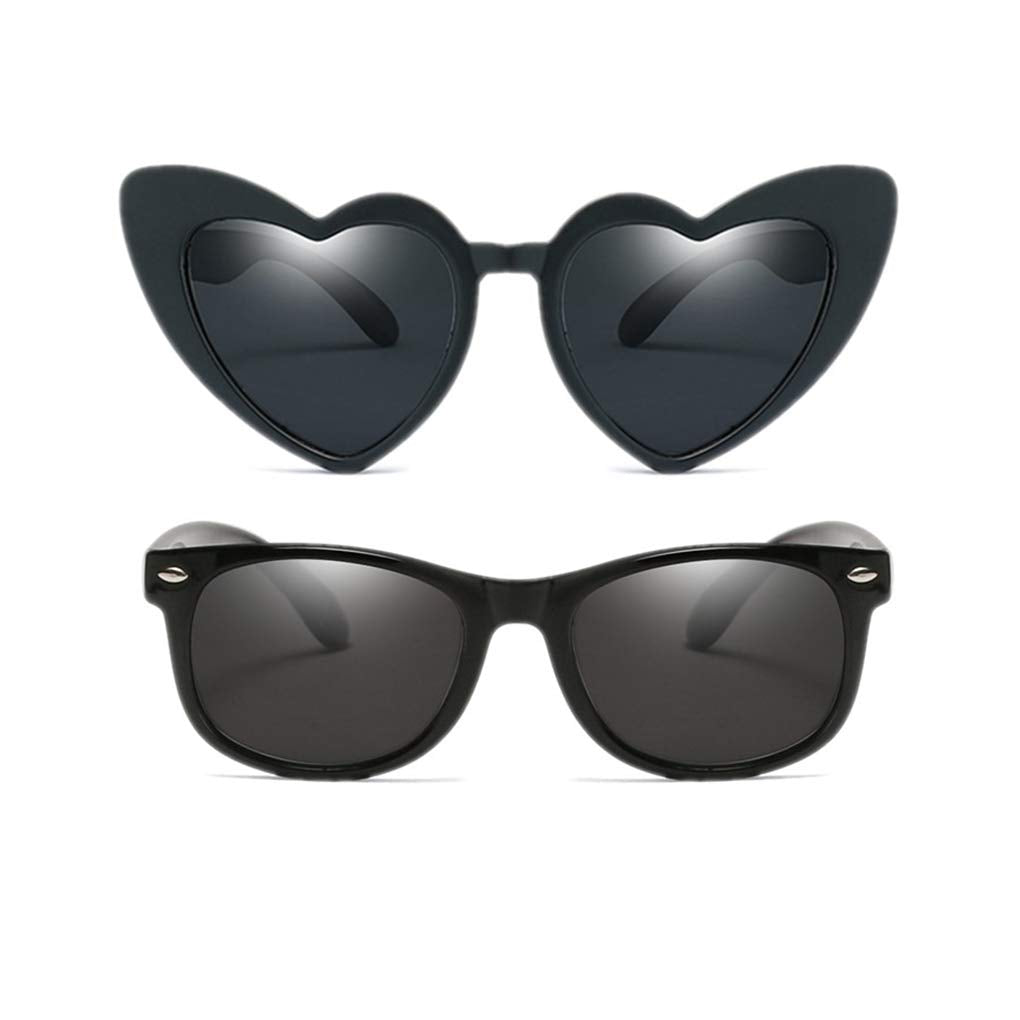 Long Keeper 2 Pair Kids Unbreakable Polarized Classic Retro Sunglasses For Baby, Toddler, Children, Boys And Girls (Black+Black)