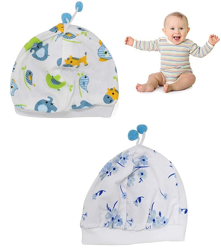 Ekan Baby Caps Set Of 2 With All Round Flap In Stylish Color And Designs Made Of Pure Soft Cotton Hat Multicolour