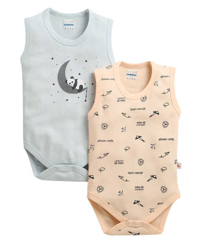 BUMZEE Baby Boys Cotton Sleeveless Graphic Print Bodysuit Pack of 2 Sky Blue & Peach  69 Months (Peb11210Dsbl)