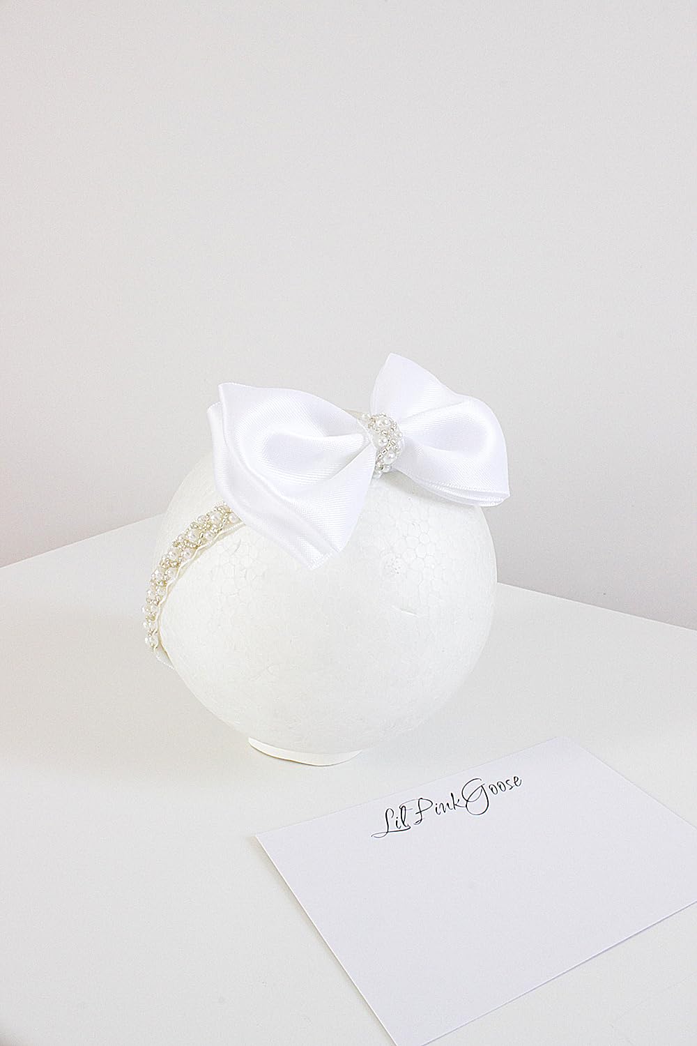 0-12 Newborn Baby Baptism Pearl Headband With Bow In White Christening Headband With Satin Bow, Pearl Rhinestone Band (Cream(0-3