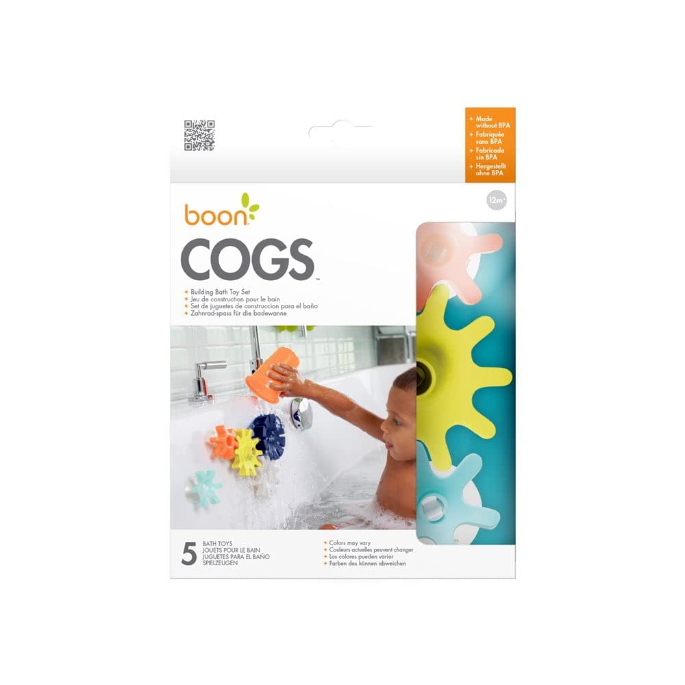 Boon Cogs Baby Bath Toys - Spinning Gear Themed Sensory Baby Toys for Bathtub - Suction Toys for Bathtub Walls - Navy and Yellow