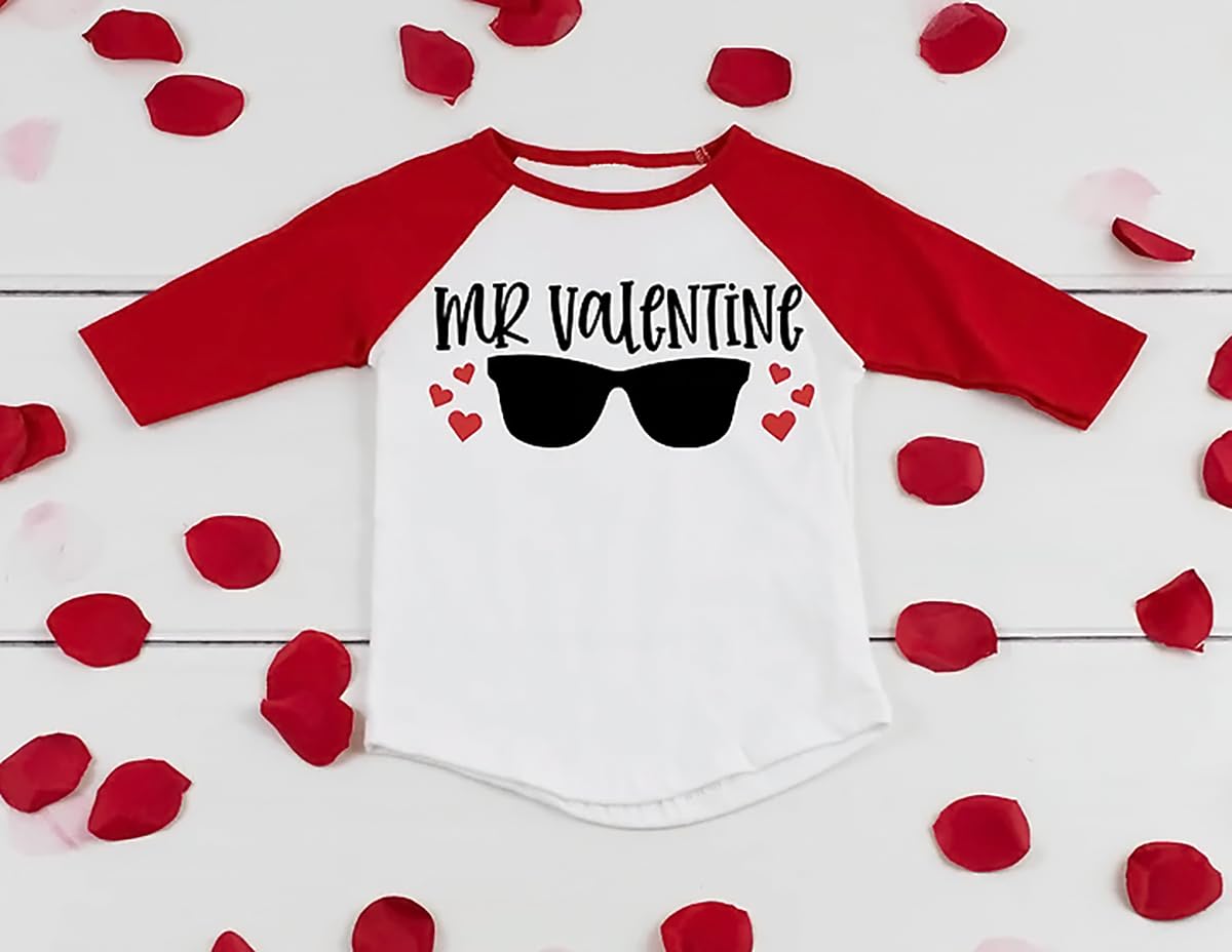 Toddler Boys Valentine'S Day Shirt Mr Valentines Sunglasses Graphic Cotton Outfit Casual 3/4 Raglan Sleeve Tee Tops (4-5T, Red)