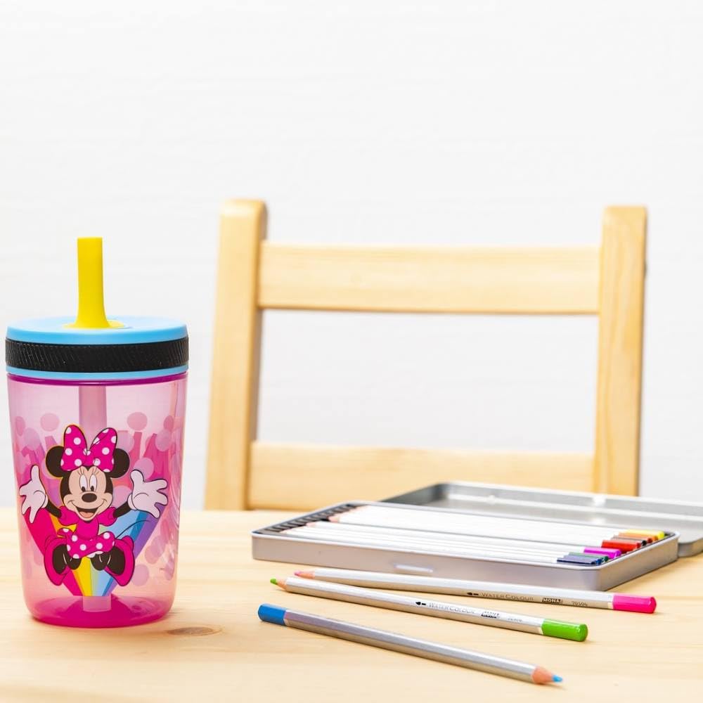 Zak Designs Disney Kelso Tumbler 15 Oz Set (Minnie Mouse) Leak-Proof Screw-On Lid With Straw, Made Of Durable Plastic And Silico