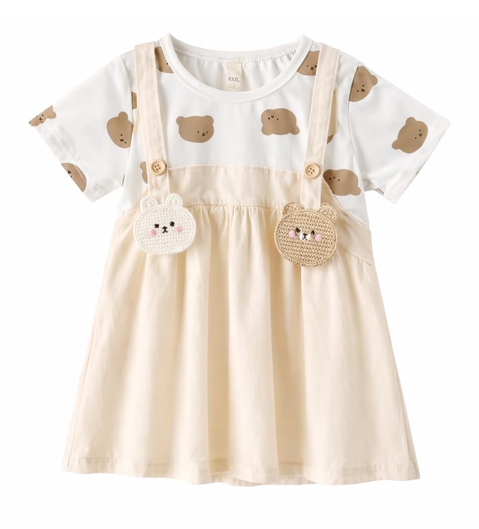 Bold N Elegant Cotton Half Sleeve Teddy Bear Patch Tunic Pinafore Pinny Midi Dress Frock For Infant Toddler Baby Girls (In, Age,