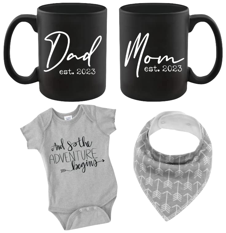 Pregnancy Gift Est 2023 - New Mommy And Daddy Est 2023 11 Oz Black Mug Set With 'And So The Adventure Begin' Romper (0-3 Month