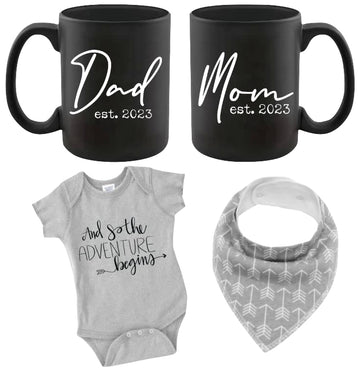 Pregnancy Gift Est 2023 - New Mommy And Daddy Est 2023 11 Oz Black Mug Set With 'And So The Adventure Begin' Romper (0-3 Month