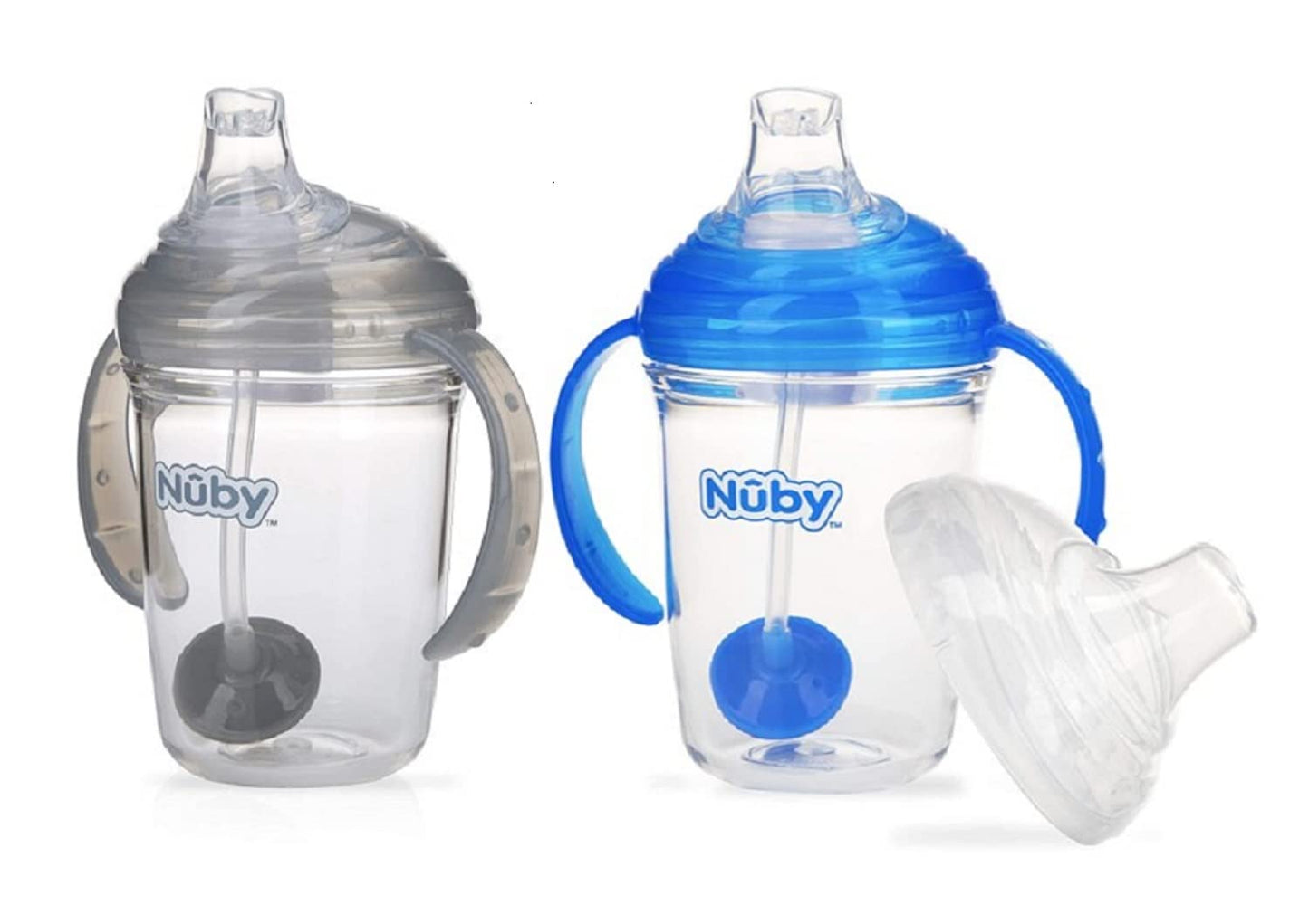 Nuby No Spill 360 Weighted Straw Grip N' Sip Tritan Cup With Hygienic Cover, 8 Oz, Trainer Cup (Blue/Grey)