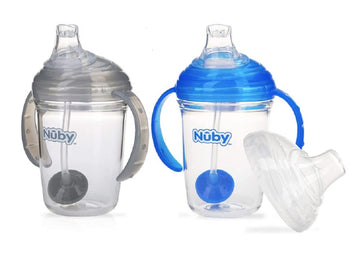 Nuby No Spill 360 Weighted Straw Grip N' Sip Tritan Cup With Hygienic Cover, 8 Oz, Trainer Cup (Blue/Grey)