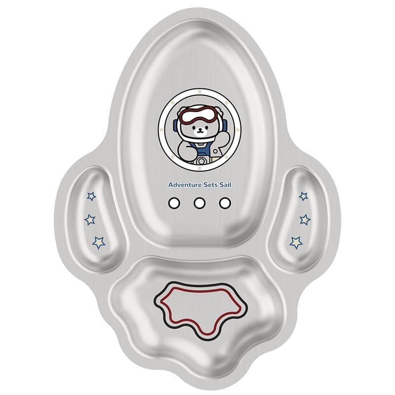 Happy Hues Stainless Steel Divided Meal Plate Tray3 Compartments Dinner Dish For Baby (Rocket)