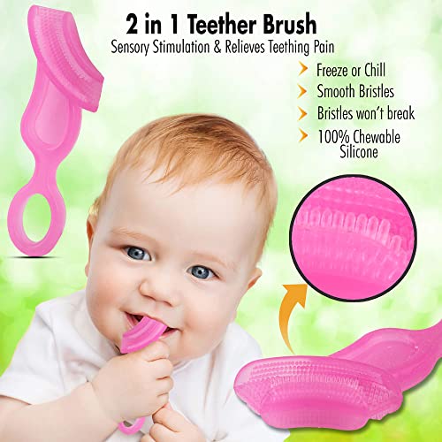 Brilliant Oral Care Babys First Toothbrush, Smooth Silicone Bristles Gently Clean Tender Teeth and Gums, for Ages 4+ Months, Pin