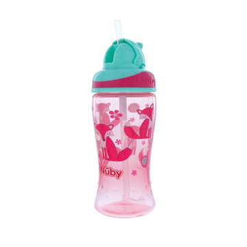 Nuby 2-Pack Thirsty Kids No-Spill Flip-It Printed Boost Cup With Thin Soft Straw - 12Oz, 18+ Months, 2-Pack, Pink Fox & Green Ti