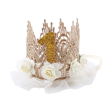 June Bloomy Baby Golden Lace Rose Flower Crown 1St Birthday Headband Princess Tiara (Ivory)