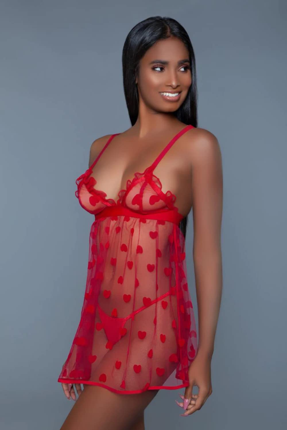Plus Size Valentine Mesh Babydoll Set Red 2X