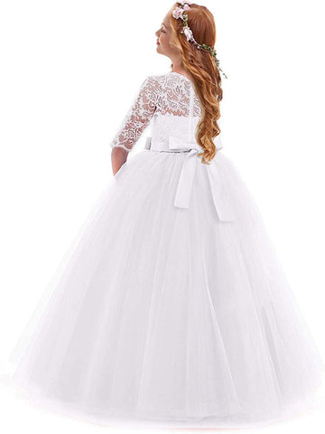 Flower Girls Dresses Vintage Lace Princess Long Dress Kids 3/4 Sleeve Wedding Pageant Tulle Bridesmaid Dress Christening Baptism