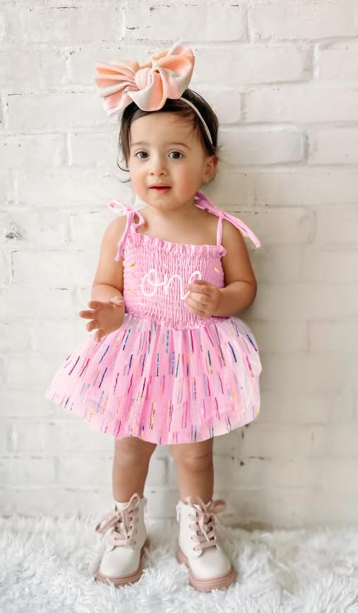 Titkkop Baby Girl 1St Birthday Clothes One Year Old Tulle Romper Sleeveless Bodysuit Cake Smash Outfits(Pink2,9-12M)