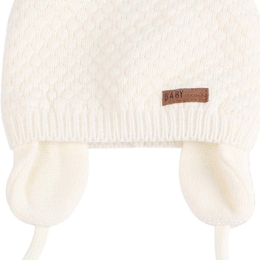 Duoyeree Baby Winter Hat Earflap Cotton Lining Knit Beanie Cap For Toddler Girl Boy (0-6 Month, White)