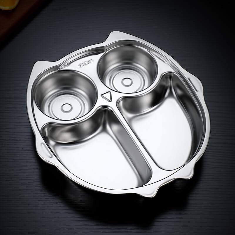 Happy Hues Stainless Steel Divided Meal Plate Tray4 Compartments Dinner Dish For Baby Toddler Kids Eating Food Owl Shape