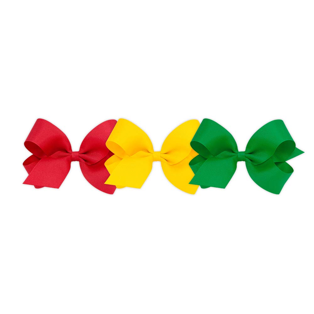 Wee Ones Girls' Large Bow 3 Pc Set Solid Grosgrain Variety Pack On A Weestay No-Slip Hair Clip - Red, Yellow And Green