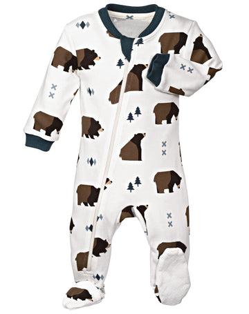 Zippyjamz - Zipper Organic Sleeper Footed Baby Pajamas With Inseam Zipper (Little Grizzle, 3-6 Months)