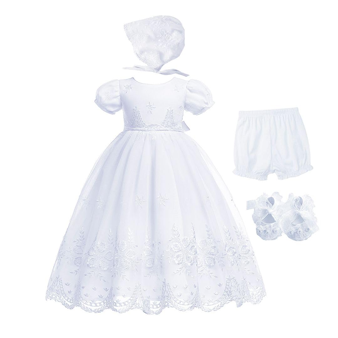 Bow Dream Baby Girls Christening Baptism Dress Formal Party Special Occasion Dresses For Toddler 4Pcs White 6-12 Months