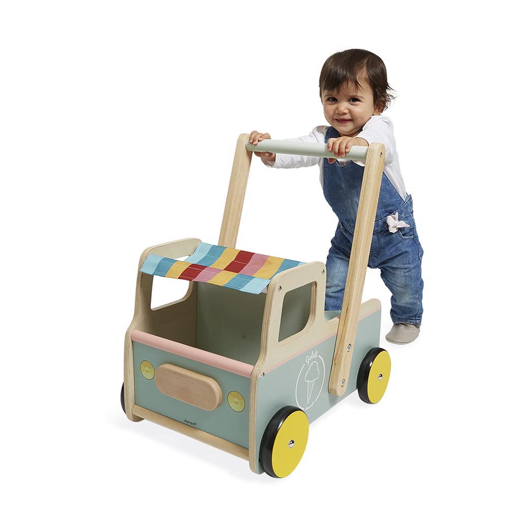 Janod - Janod - Wooden Pull-Along Ice Cream Cart/Trolley - 4 Ice Creams Included - Silent Wheels - Anti-Tip System - FSC-Certifi
