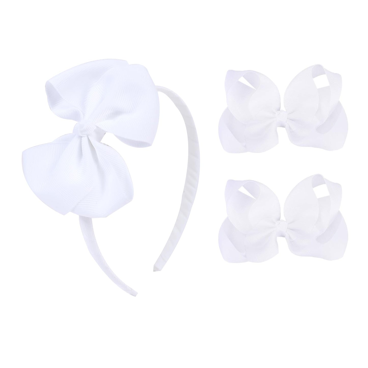 White Bow Headband & 2 Pcs 4 Inch Hair Bows Set, Back School Hair Accessories For Little Toddler School Girls (White)