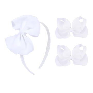White Bow Headband & 2 Pcs 4 Inch Hair Bows Set, Back School Hair Accessories For Little Toddler School Girls (White)