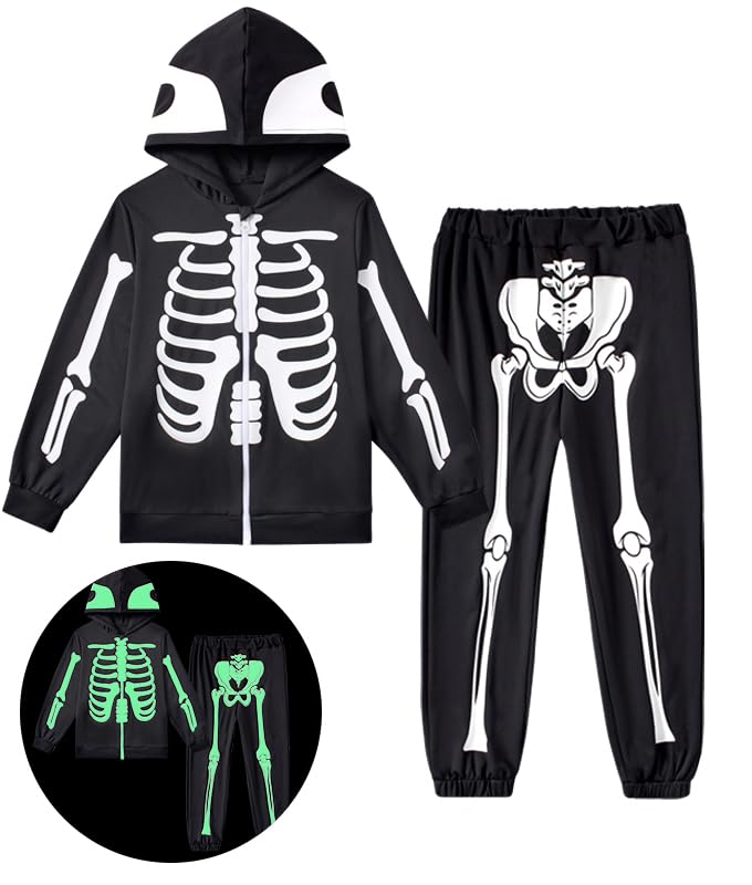 Lovekider Little Boys Girls Halloween Glow In The Dark Skeleton Zipper Hoodie Pants Set 5-6 Years Scary Pullover Funny Sweatsuit