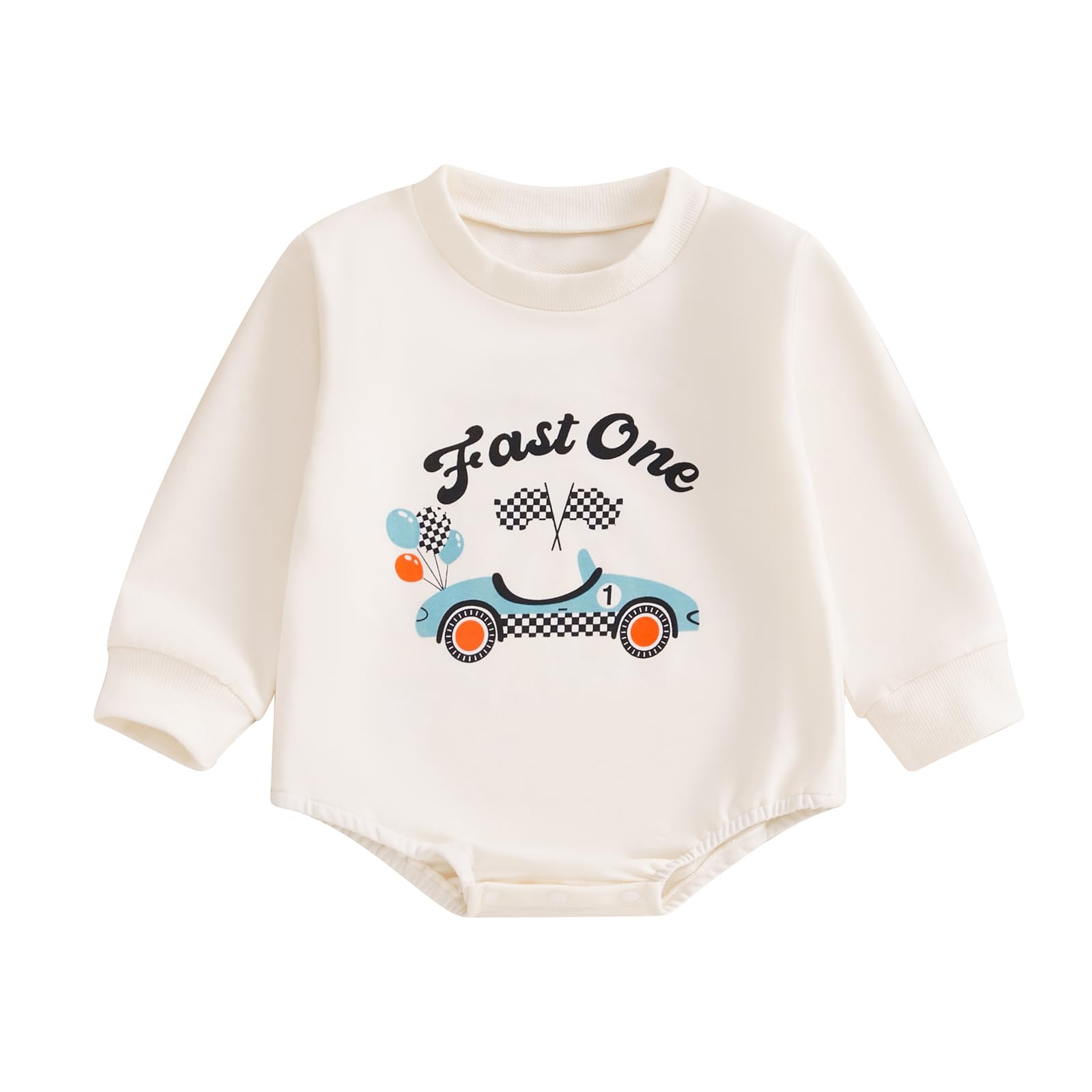 KMBANGI First Birthday Baby Boy Girl Clothes Fast One Race Car Romper Bubble Sweatshirt Top 1st Birthday Cake Smash Outfit (Beig