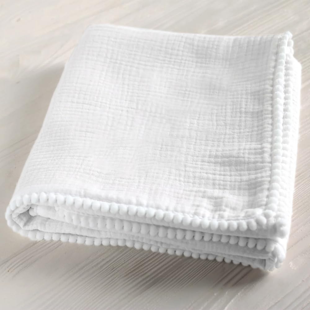 Bird Wing | Baby Swaddle Blanket Muslin Cotton Fabric with PomPom Lace All Around, Newborn Baby Wrap, Cute Pom Pom Blanket for 
